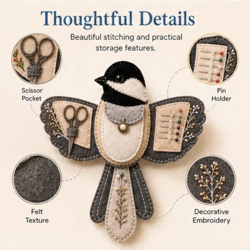Bird-Shaped Felt Sewing Organizer DIY Kit, Handmade Needlepoint Embroidery Craft Set for Beginners Adults, Woodland Bird Design, Gift for Quilters, Charming Vintage Decor(Blue Jay) - Image 3