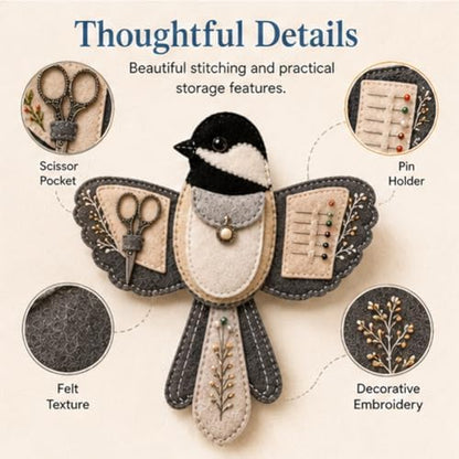 Bird-Shaped Felt Sewing Organizer DIY Kit, Handmade Needlepoint Embroidery Craft Set for Beginners Adults, Woodland Bird Design, Gift for Quilters, Charming Vintage Decor(Golden Finch) - Image 3