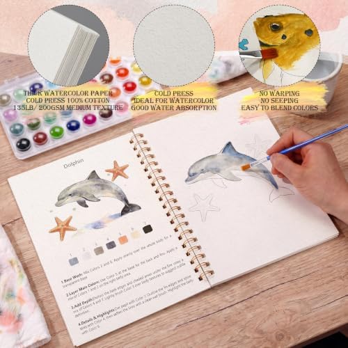 Landhoow Marine Animals Watercolor Workbooks, Water Coloring Book for Adult Beginners 14 Marine Life Designs Friendly Painting Arts Crafts Exploration Gifts for Birthday Back to School - Image 4