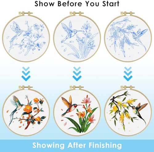 ERKOON 3 Sets Embroidery Kit, Hummingbird Cross Stitch Set for Include Embroidery Cloth Hoops Threads for Craft Lover Hand Stitch (Hummingbird) - Image 3