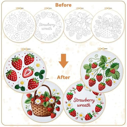 BEUNITONE 4 Set Strawberry Embroidery Kit for Adult Beginners 7.9"x7.9" DIY Stamped Needlepoint Kits with Pre-Printed Designs, Complete Handmade Embroidery Craft for Relaxing Hobby and Home Decor - Image 4
