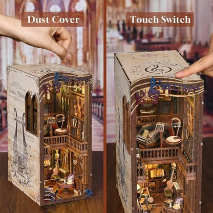 fifijoy Book Nook Kit Music, DIY Miniature House Kit Book Nook, 3D Wooden Puzzle Bookshelf Insert Diorama Kit with Led Light for Teens and Adults (Timeless Melody) - Image 6