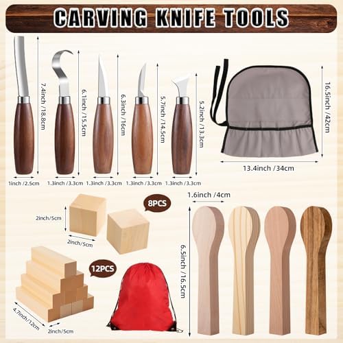 Therwen 27 Pcs Wood Carving Kit, 5 Pcs Wood Carving Tools with Storage Bag, Whittling Kit with 18Pcs Whittling Blocks and 4 pre Shaped Spoon Blanks and Drawstring Carry Bag for Crafts Beginners - Image 2