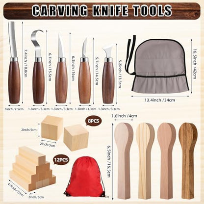 Therwen 27 Pcs Wood Carving Kit, 5 Pcs Wood Carving Tools with Storage Bag, Whittling Kit with 18Pcs Whittling Blocks and 4 pre Shaped Spoon Blanks and Drawstring Carry Bag for Crafts Beginners - Image 2