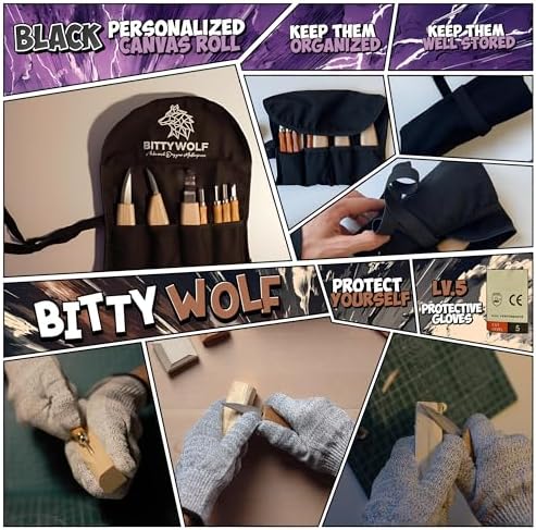 BittyWolf Wood Carving Kit , 24Pcs, Whittling Kit for Beginners, Knife Set with Cut Resistant Gloves, Wooden Blocks, Knife Sharpener and Hand Planer - Image 4