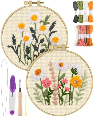 ERKOON Punch Needle Kit Adults Beginners, 2 Pcs DIY Easy Flower Embroidery Set for Starter Art Craft, Needling Punching Project with Patterns, Tools, Yarns, Hoop, Instruction (Daisies) by ERKOON