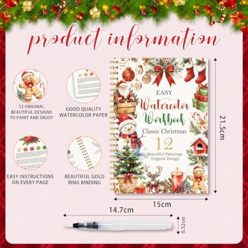 Christmas Gift, Christmas Watercolor Workbook, Watercolor Painting Book with 12 Different Xmas Designs, Water Coloring Book Set with Water Paintbrush for Beginners, Xmas Gift for Boys Girls Friends - Image 2