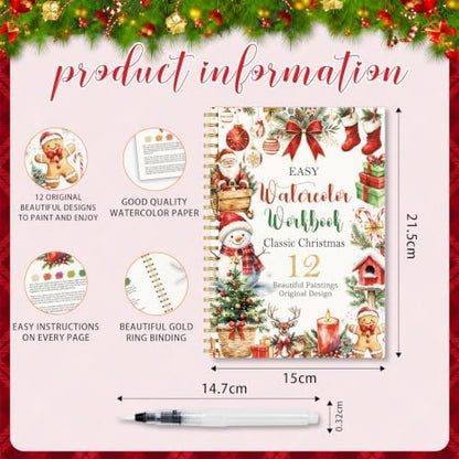 Christmas Gift, Christmas Watercolor Workbook, Watercolor Painting Book with 12 Different Xmas Designs, Water Coloring Book Set with Water Paintbrush for Beginners, Xmas Gift for Boys Girls Friends - Image 2