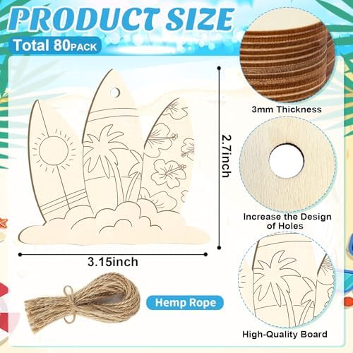 80PCS Wooden Summer Ornaments to Paint, 10 Styles DIY Blank Unfinished Wood Beach Cutouts Ornament for Crafts Hanging Decorations, Watermelon Surfboard Slippers Coconut Tree Home Decorations Gifts - Image 2