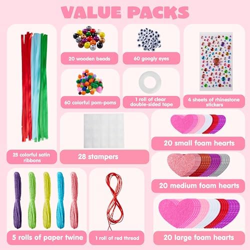 JOYIN Valentines Day 264 Pcs DIY Heart Felt Craft Set, Felt & Glitter Hearts & Wooden Beads & Plastic Eyes & Colorful Paper Ropes for Valentine's Day Kids Craft Party Classroom Ornaments Decorations - Image 2