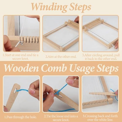 ASTIMESA 11.4'' x 7.4''/29 x 19 CM Wooden Weaving Loom Kit, Multi-Craft Weaving Loom for Adults Frame with 12 Colorful Yarns & Tools DIY Beginners Knitting Blanket Tapestry - Image 4