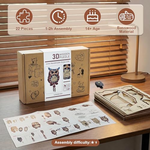 Kosmickiss 3D Puzzles for Adults, Wooden Owl Wall Clock with Pendulum - Image 3