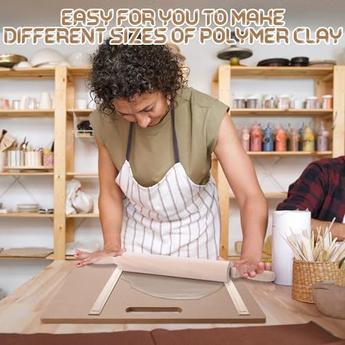 Newtay 12 Pcs Pottery Tools Include 1 Wood Rolling Pin Sculpting Polymer Clay Tools 1 Portable Wedging Board for Pottery with Built in Handle and 10 Pcs 5 Size Pottery Teaching Rolling Mud Stick Guide - Image 6