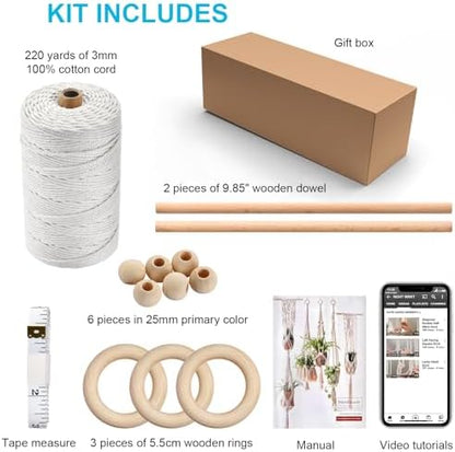 Hdviai Macrame Plant Hanger Kit, 3mm x 220Yards Cord for Adult Beginners DIY Macrame Wall Hanging Kit, with 2Pcs Wooden Dowels + Beginner's Manual + Soft Ruler+ Five Wooden Beads - Image 2