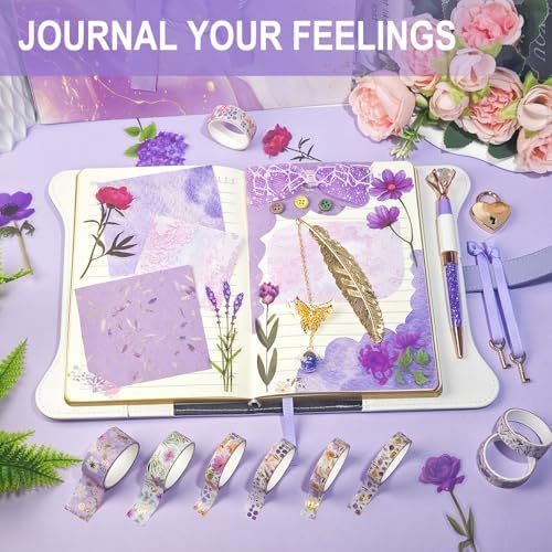 Diy Junk Journal Kit, Scrapbook Supplies Kit Includes B6 Diary with Lock and Key Flower Stickers Tape Roller, Stationary Diary Supplies Birthday Craft Gifts for Scrapbookers, Purple - Image 6