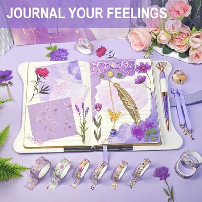 Diy Junk Journal Kit, Scrapbook Supplies Kit Includes B6 Diary with Lock and Key Flower Stickers Tape Roller, Stationary Diary Supplies Birthday Craft Gifts for Scrapbookers, Purple - Image 6