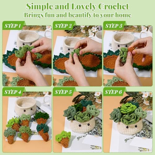 LOMOHOO Crochet Kit for Beginners, 6PCS Crochet Coasters Kit, Flower Potted Plant Crochet Kit with Crochet Hook, Colorful Yarn, Stitch Marker, Instruction, Craft Lover DIY Material Tools(Green) - Image 6