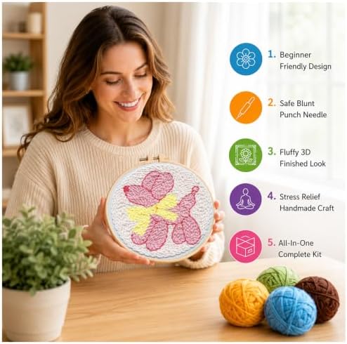 Pink Puppy Punch Needle kit for Beginners Adults, with Embroidery Hoop - Image 4