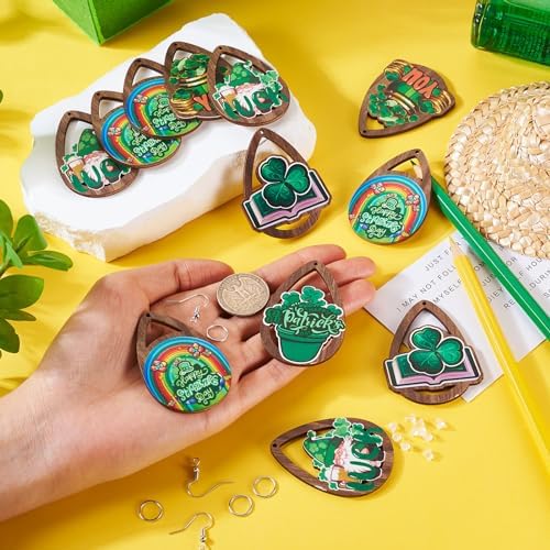 EEE ELECRELIVE 20Pcs St. Patrick's Day Earring Charms Wooden Dangle Earrings Green Leaf Wood Earrings Teardrop Wood Pendants Shamrock Charms with Earring Hooks for Women Jewelry - Image 7