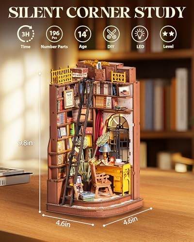 Rolife 3-Hour Easy Build Dark Academia Book Nook Kit, Silent Corner Study TGE02, 3D Wooden Puzzle for Adults, Beginner DIY Miniature with LED Light, Aesthetic Bookshelf Insert & Bookend - Image 2