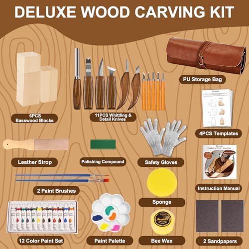 Wood Carving Kit, 46Pcs Wood Carving Tools with 6pcs Whittling Knives & 5pcs Detail Knives &12 Color Paint Set & Beewax, Whittling Kit for Beginners and Enthusiasts - Image 2