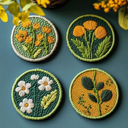 4 Set DIY Punch Needle Coaster Kits Beautiful Flowers Field 10x10cm-14 by Unknown