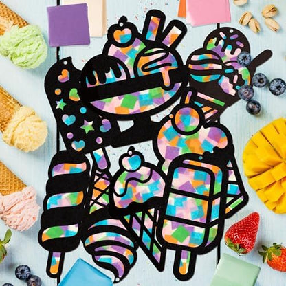 CJiangpo 24 Sets Summer Ice Cream Suncatcher Paper Craft Kits, DIY Stained Glass Effect Window Ornament Rainbow Tissue Paper Art Craft for Kids Classroom Activities Supplies Summer Party Decor Favor - Image 4