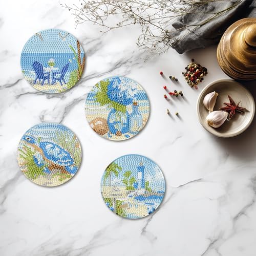 hkejoi 8 Pcs Beach Diamond Art Coasters Kit for Adults, Beach Diamond Painting Coasters with Holder, 5D Gem Art DIY Crafts Diamond Dots for Gift Life - Image 5