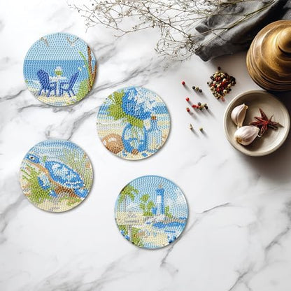 hkejoi 8 Pcs Beach Diamond Art Coasters Kit for Adults, Beach Diamond Painting Coasters with Holder, 5D Gem Art DIY Crafts Diamond Dots for Gift Life - Image 5