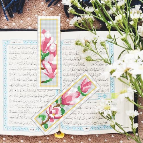 BEUNITONE 6 Pcs Flower Cross Stitch Bookmark Kits for Beginners Magnolia DIY Stamped Cross Stitch Kit Vintage Floral Embroidery Kit with Instruction for Craft Book Lover Reader Writer 8''x2.4'' - Image 6