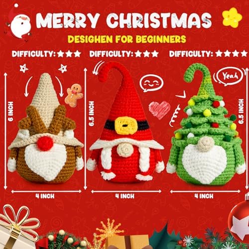 MAGIMUSE Christmas Crochet Kit for Beginners, Crochet Starter Kits for Adults Amigurumi Craft Knitting Crochet Animals Kits with Step-by-Step Video Tutorials, 3 Pack Gnome (40%+ Yarn) - Image 2