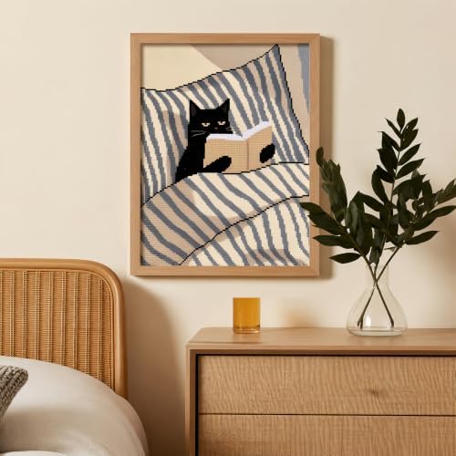 Black Cat Reading Book Stamped Cross Stitch Kits for Beginner 12x16 Inch - Image 2