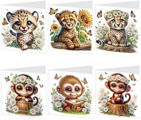 LazyFold 6 Pcs Diamond Art Painting Greeting Cards Kits, DIY Cute Leopard Handmade Festival Greeting Cards with Envelopes Diamond Art Crafts Birthday Cards Creative Gift by LazyFold