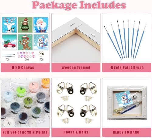 SYDYLH 6 Packs Framed Chrsitmas Paint by Numbers Kit for Kids Ages 8-12,Snowman Easy Acrylic Paint by Number Framed on Canvas,Number Painting Paint by Numbers Kit for Home Wall Decoe 8x8inch - Image 5