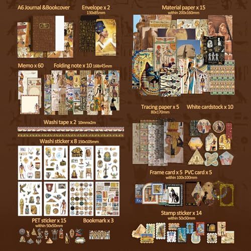 Scrapbooking Supplies Kit, Egyptian Vintage Aesthetic Scrapbook Kit for Bullet Junk Journal, Ancient Egypt DIY Journaling Supplies with Hieroglyph, Pharaoh, Pyramid, Unique Gift for Teens & Women - Image 2