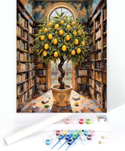 Sceorixa Plant Paint By Numbers Kit for Adults - DIY Lemon Tree in Library Painting On Canvas, Acrylic Paint Set, Suitable for Beginners, Wall Decor Art for Home Decoration Or Gifts(16X20IN Framed) - Image 3