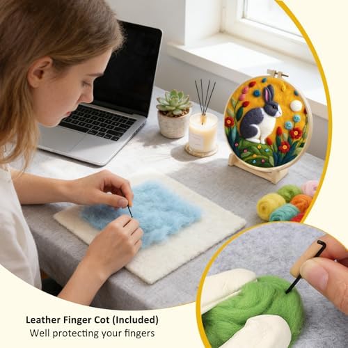 Zovylks Needle Felting Kit for Adults, 7.9 Inch Wool Felt Painting DIY Craft Set for Beginners, Needle Felt Starter Kit with Picture Frame, Foam Pad, Finger Cot (Rabbit) - Image 5
