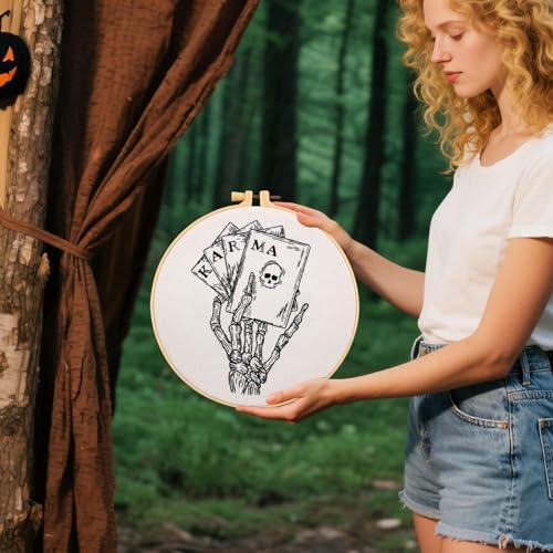 Gothic Tarot Embroidery Kits for Beginners Adults, Halloween Hand Bone Embroidery Starter Kits, Skull Cross Stitch Kits for Beginner Adults Hobbies for Women, Embroidery Fabric, Hoops & Video Tutorial - Image 5