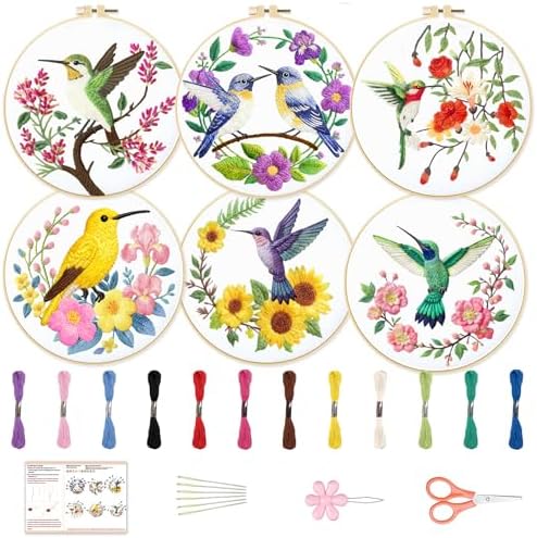 BEUNITONE 6 Set Hummingbird Starter Embroidery Kit with Pre-Stamped Pattern by BEUNITONE
