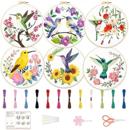 BEUNITONE 6 Set Hummingbird Starter Embroidery Kit with Pre-Stamped Pattern by BEUNITONE