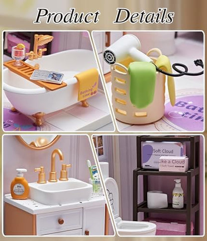 1:24 Scale Tiny House Bathroom DIY Miniature House Kit with Roof & LED Light, Realistic Miniature Kit with Bathtub, Sink & DIY Accessories, Cute Tiny Home Decor for Adults Teens - Image 3