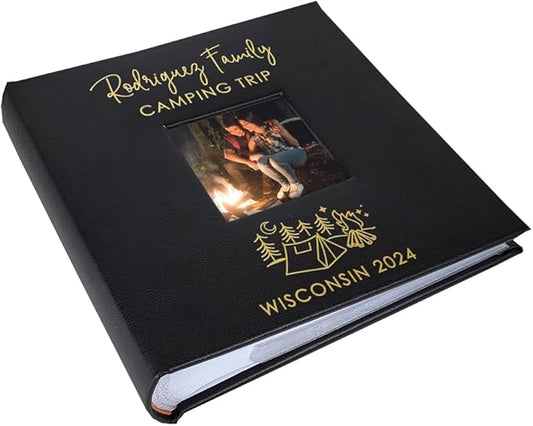 Personalized Photo Album, Custom Engraved Picture Album, Holds 200 4" x 6" Photos, Leatherette and Laser Engraved Scrapbook, Camping Trip, Black