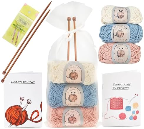 Thoughtful Stitch Knitting Kit for Beginners Adults & Kid Friendly- Complete Knitting Kit - Learn to Knit Yarn Set with Tutorial Book for Adult Hobbies - 100% Cotton Wool & Bamboo Knitting Needle by ThoughtfulStitch