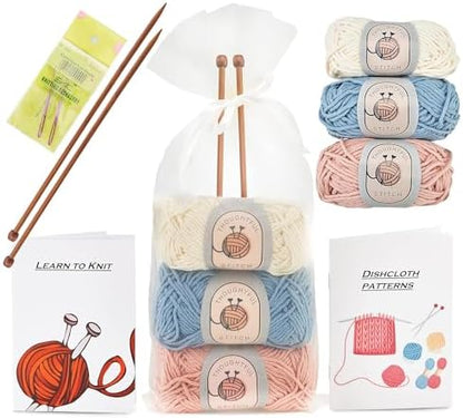 Thoughtful Stitch Knitting Kit for Beginners Adults & Kid Friendly- Complete Knitting Kit - Learn to Knit Yarn Set with Tutorial Book for Adult Hobbies - 100% Cotton Wool & Bamboo Knitting Needle by ThoughtfulStitch