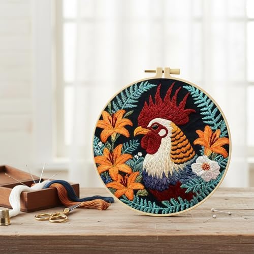 FRANDEK DIY Flower Rooster Stamped Embroidery Kit with Hoop for Adults - Image 2