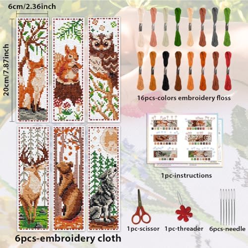 ACRNIGHEET 6 PCS Cross Stitch Bookmark Kit Animals Patterns DIY Stamped Embroidery Bookmark Kit DIY Bookmarks Crossstitch Kits Adul Stamped Embroidery Bookmarks with Instructions 11CT - Image 2