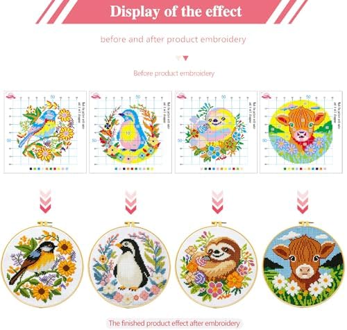 Zhenging Animal Cross Stitch Kit – 4 Pre-Printed Designs (Sloth, Bird, Penguin, Calf) with 11CT 9.45x9.45 Inch Fabric, Hoop, Scissors, Threader & Tools for Beginners & Adults - Image 6
