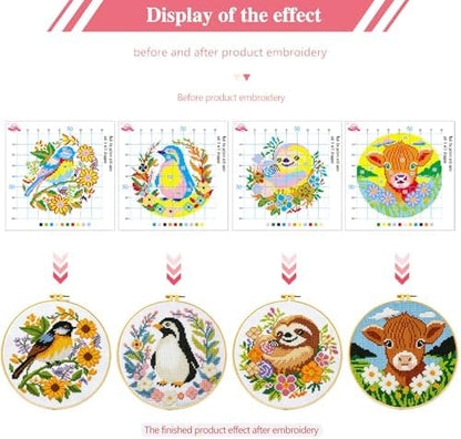 Zhenging Animal Cross Stitch Kit – 4 Pre-Printed Designs (Sloth, Bird, Penguin, Calf) with 11CT 9.45x9.45 Inch Fabric, Hoop, Scissors, Threader & Tools for Beginners & Adults - Image 6