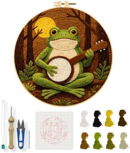 INFUNLY Forest Frog Punch Needle Kits 8.27 Inch Round Frog Playing Banjo Needle Punch Craft Kit with Hoop Tools Yarns Instruction for Folk Music Lovers DIY Home Decor by INFUNLY