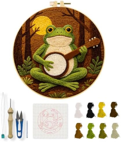 INFUNLY Forest Frog Punch Needle Kits 8.27 Inch Round Frog Playing Banjo Needle Punch Craft Kit with Hoop Tools Yarns Instruction for Folk Music Lovers DIY Home Decor by INFUNLY